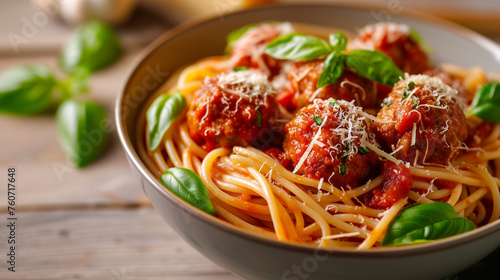A bowl of spaghetti with meatballs and tomato sauce, topped with grated cheese and basil leaves.