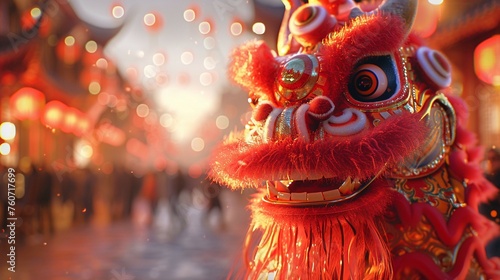 Dragon Dance, Traditional Chinese Costume, Festive dragon moves through vibrant streets, crowds cheering, Lantern Festival celebration, 3D render, Golden hour, Depth of field bokeh effect
