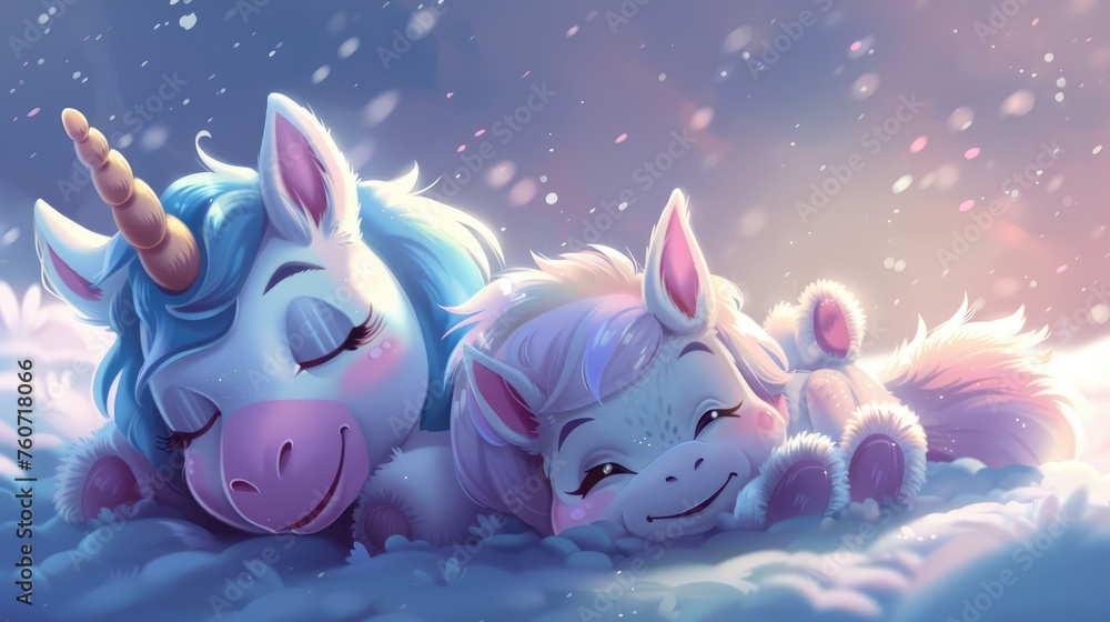Two adorable, animated unicorns lying down, snugly nestled against each ...