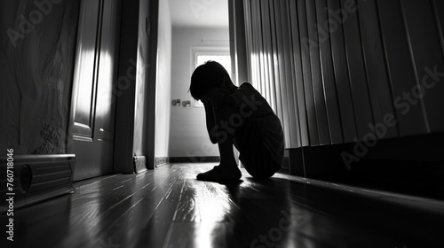 Wallpaper Mural Sad child suffering from depression sitting alone in corridor feeling loneliness. Scared fearful small boy covering face in silhouette at home Torontodigital.ca
