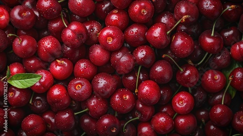 table full of vibrant fresh, ripe cherries covered with water droplets, top down view - AI Generated Digital Art