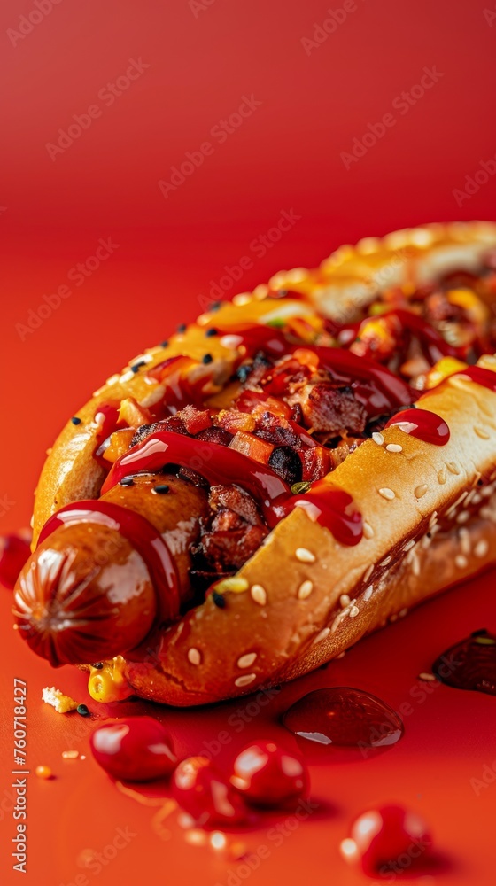 A close-up view of a gourmet hot dog with a juicy sausage drizzled with mustard and ketchup and garnished with diced vegetables A close-up view of a gourmet hot dog with a juicy sausage drizzled with mustard and ketchup and garnished with diced vegetables