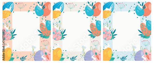 Happy Easter Set of banners/ backgrounds, greeting cards, posters, holiday covers. Trendy design with eggs, bunnies in pastel colors. Modern art minimalist style. © Anastasiya