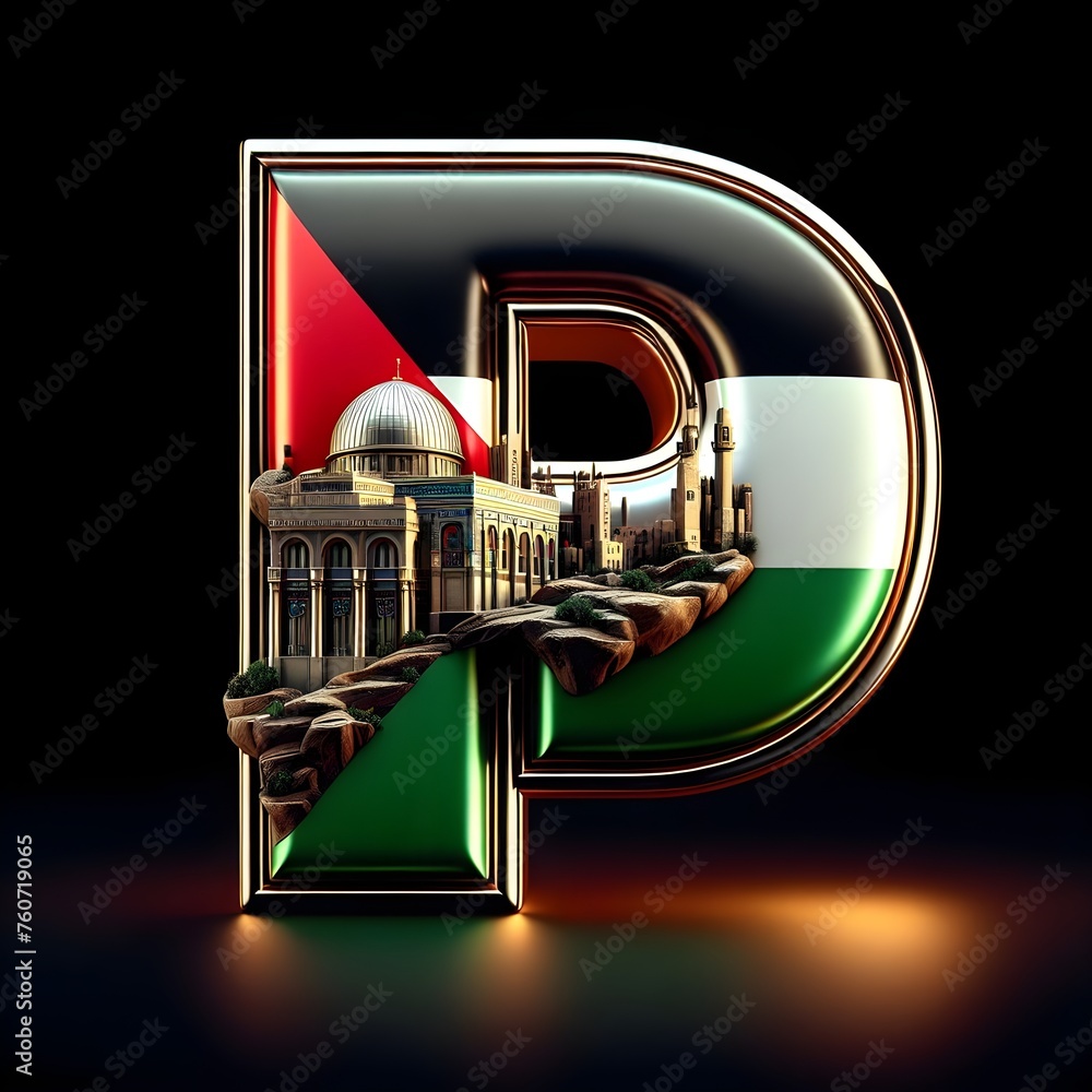 Letter of p palestine country flag with Mosque 3d Generative Ai