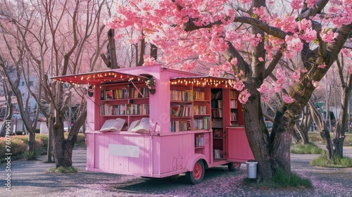 pink mobile library with fairylights, books, flowers, in a cherry blossom tree park, many cherry blossom trees in the background, , cherry blossom petals on the ground around the book mobile 