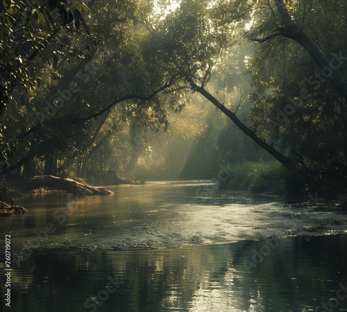 Commemorating World Birthday of Guru Rabindranath  World Red Cross Day  and World Thalassemia Day through a serene scene of a tranquil river flowing through a lush forest