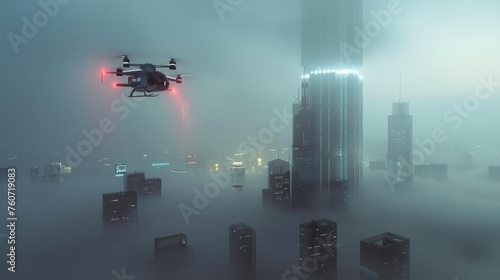 Foggy Morning Rescue Futuristic Air Vehicle in Action