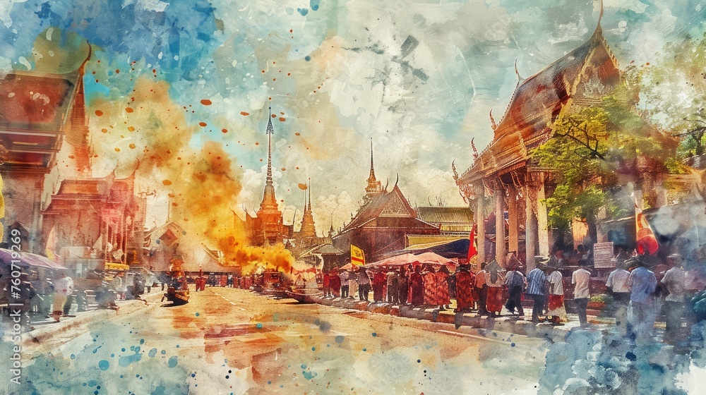 Fototapeta premium close up on songkram festival Bangkok Thailand as a vintage watercolors painting