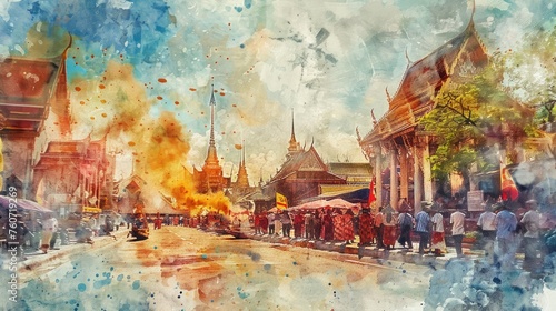 close up on songkram festival Bangkok Thailand as a vintage watercolors painting