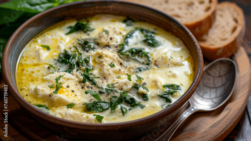 A bowl of stracciatella soup with chicken broth, eggs, cheese, and spinach, seasoned with salt, pepper, and nutmeg, served with a slice of bread.