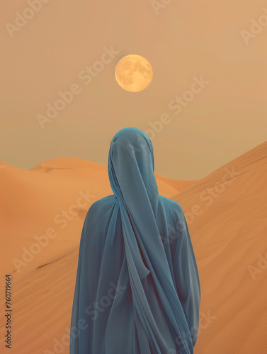 A woman wearing a blue burqa standing peacefully in the desert contemplating the rising of the full moon. Arab woman wearing a blue outfit on the sands of Dubai.