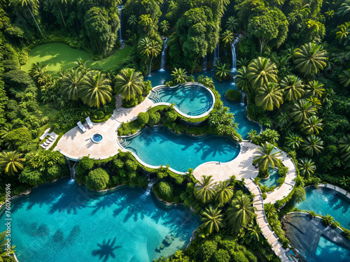 A drone shot of a luxury swimming pool in the jungle  jungle trees  waterfalls  luxury mansion and garden  blue water  summer paradise  summer vacation  travel inspiration  tropical island  holiday