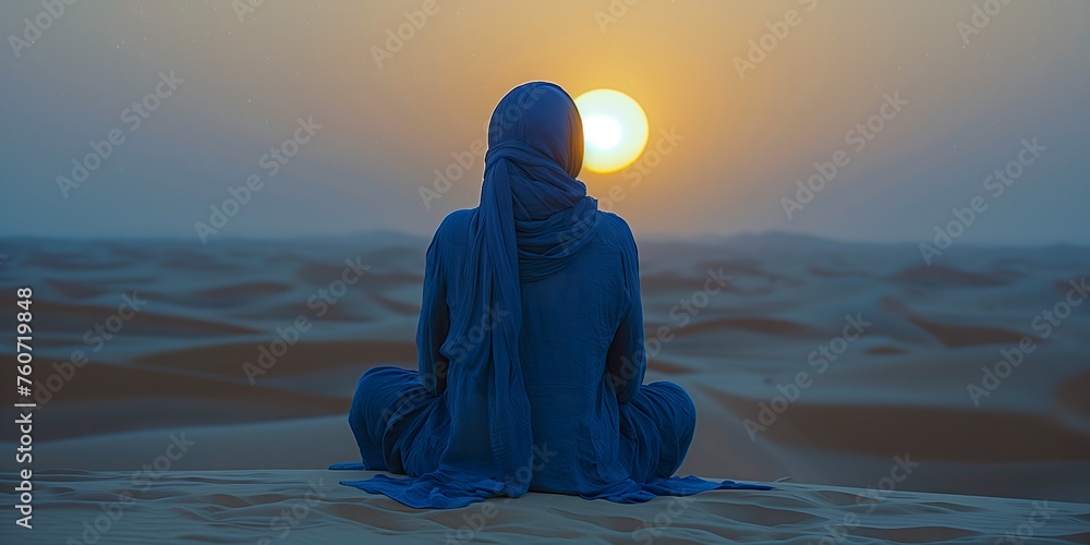 A woman wearing a blue burqa sits peacefully in the desert watching the sunset. Arab woman wearing a blue outfit on the sands of Dubai. - obrazy, fototapety, plakaty 
