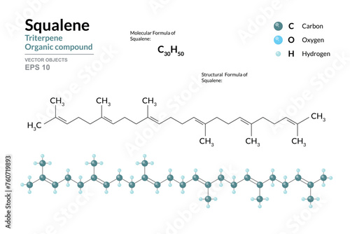 Squalene. Structural Chemical Formula and 3d Model of Molecule. C30H50. Atoms with Color Coding. Vector graphic Illustration for educational materials, scientific articles, and presentations