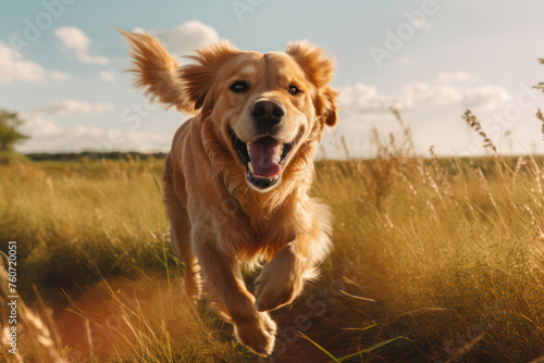 Happy Golden Retriever Playing in Sunny Green Meadow