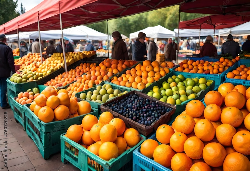 A colorful display of fresh oranges and other fruits at a bustling farmer's market, with vendors and shoppers in the background