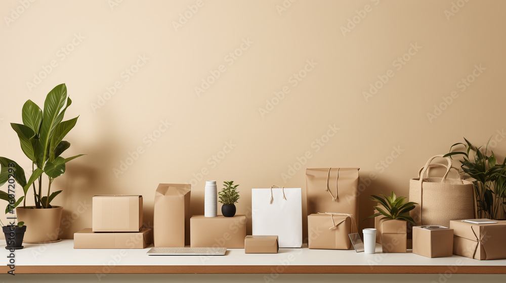 Eco-Friendly Packaging and Shipping Materials with Green Plants on Office Desk Eco-Friendly Packaging and Shipping Materials with Green Plants on Office Desk