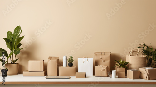Eco-Friendly Packaging and Shipping Materials with Green Plants on Office Desk © HecoPhoto