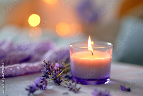 Aromatherapy concept. Violet scented candle with lavender flowers. Generative AI