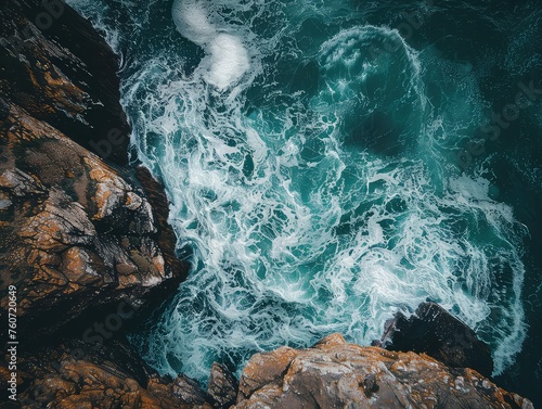 Aerial view of a Waves crashing against rocky shores, rugged coastline, oceanic drama