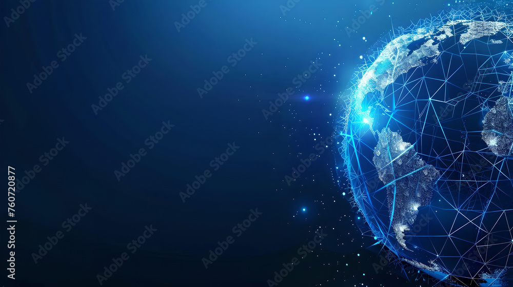 Obraz premium Lines & dots digital connected world: Globe with connected data & information network - concept for IT, technology, global trade, international telecommunication, high speed exchange, blue background