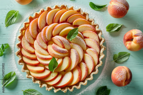Peach tart surrounded by fresh fruits and mint green leaves. Generative AI