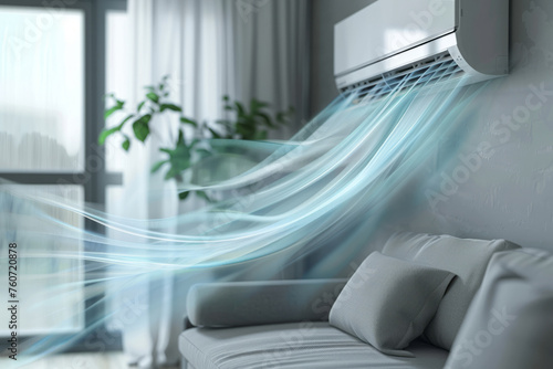 Air conditioner blowing waves of fresh clean air in the apartment. Generative AI photo