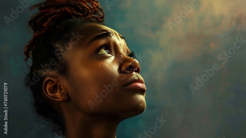 Touched by His Grace. Beautiful young black woman looking up with tears in her eyes.