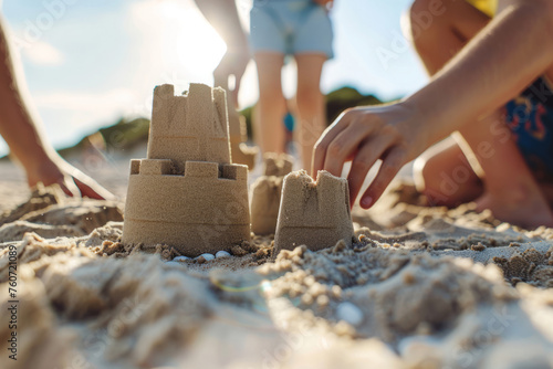 Child builds a sandcastle with parents in the background. Generative AI