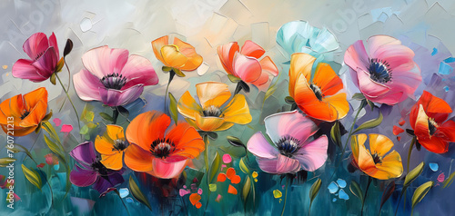 Abstract beautiful painting of colorful flowers. Oil painting backdrop.