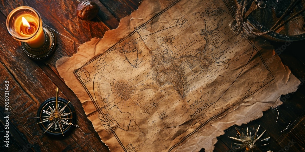Vintage map of the world spread across a wooden table. - obrazy, fototapety, plakaty 