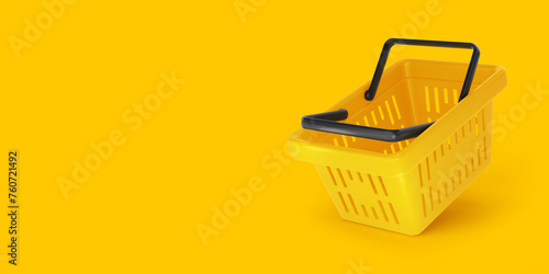 Yellow plastic shopping or grocery basket from supermarket, on the yellow background. Advertising wide banner template. 3d render illustration