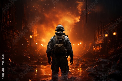 Lone firefighter walking in apocalyptic city