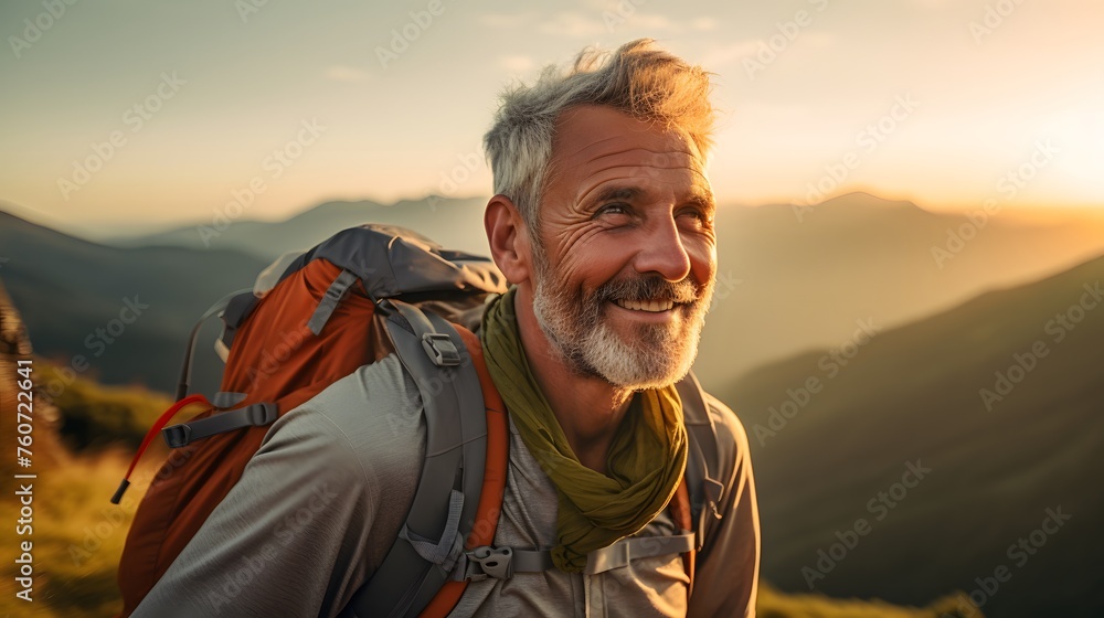 An older man with a backpack smiles radiantly while hiking in the mountains at sunset, embodying adventure and the joy of nature.