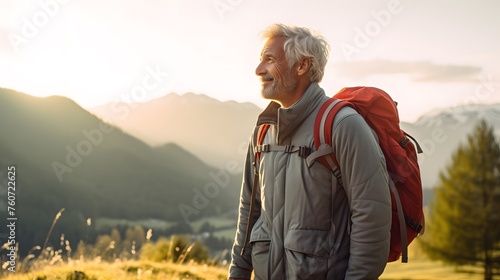 An older man with a backpack smiles radiantly while hiking in the mountains at sunset, embodying adventure and the joy of nature.