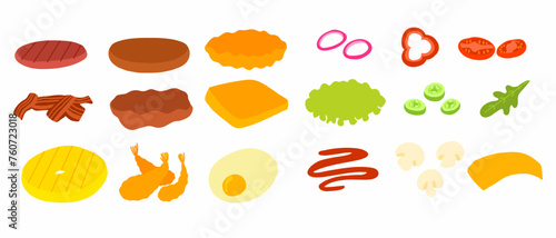 Collection of ingredients for burger and sandwich in cartoon flat style. Cutlets, vegetables, sauces. Vector illustration isolated on white background.