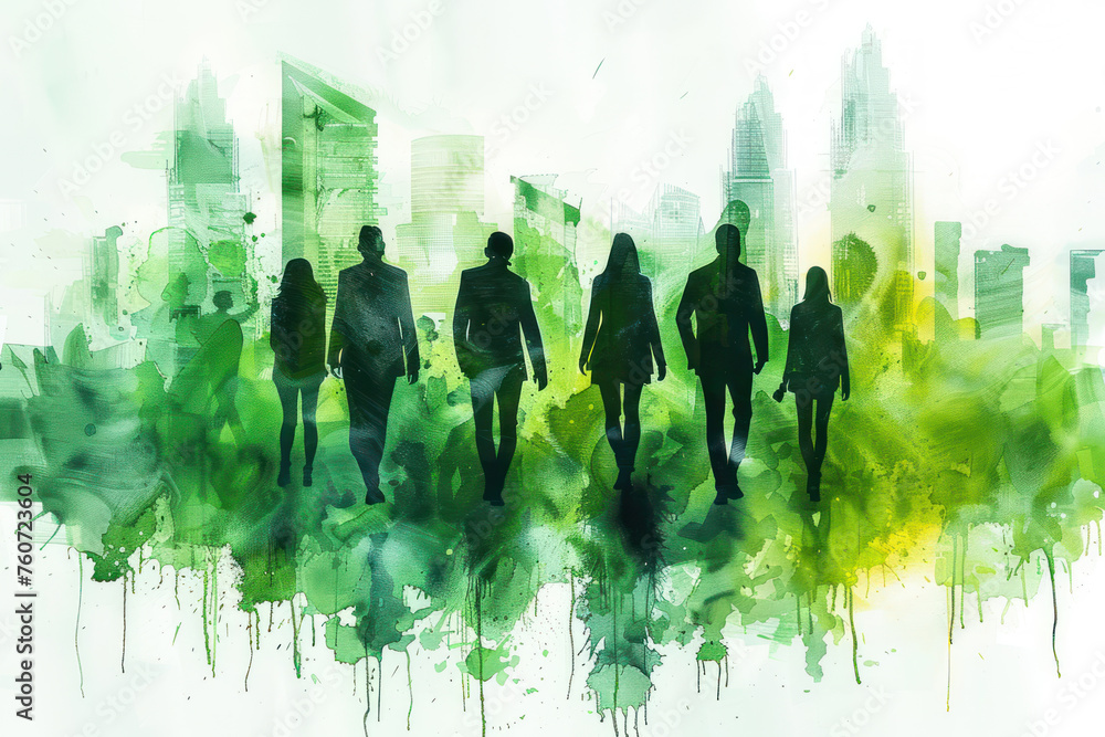 Obraz premium Green watercolor of business people walking on their way from work