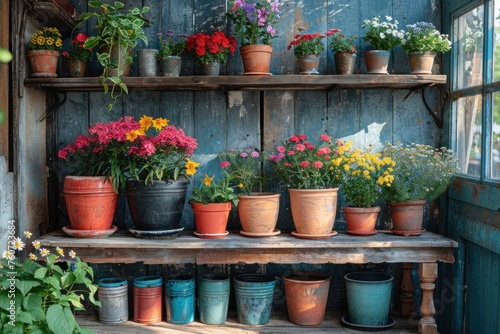 Various potted plants and flowers on a rustic wooden shelf against a weathered blue wall.