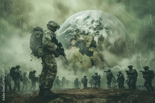 Soldiers marching under stormy skies with earth photo