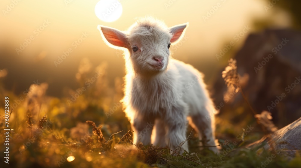Fototapeta premium A happy little goat or lamb in a meadow on a sunny day. Agricultural industry. Farming.