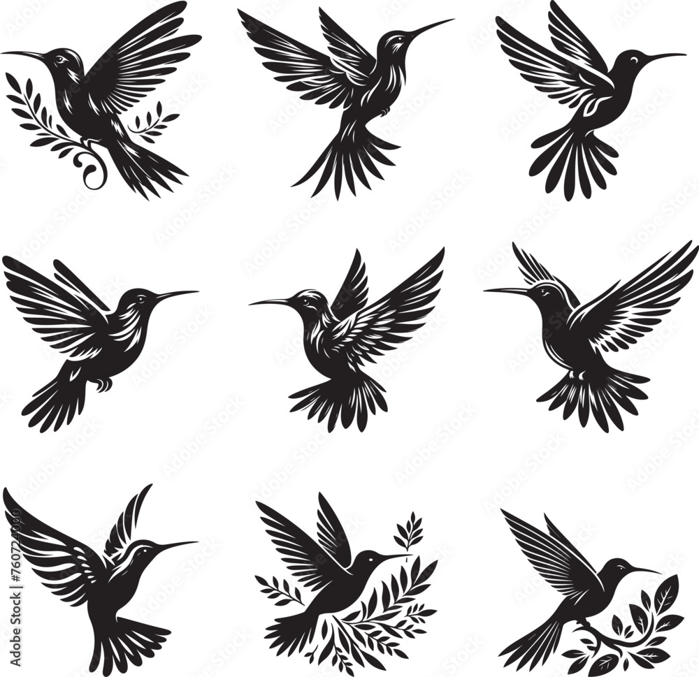Fototapeta premium Humming bird silhouette vector illustration set