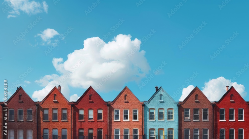 Row of brick houses standing adjacent, each displaying a unique hue of red brick against a backdrop of clear blue sky, viewed from a flat perspective. The houses are uniform in design