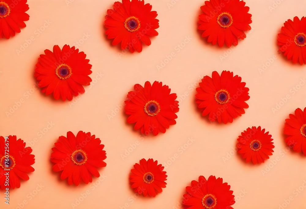 Multiple red daisies arranged on a orange background