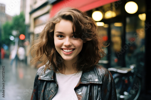 Wallpaper Mural Cheerful Young Lady: Attractive, Smiling Caucasian Woman in Stylish Summer Fashion Outfit, Enjoying Leisure Time Outdoors on a Sunny Autumn Day in Urban Green Background Torontodigital.ca