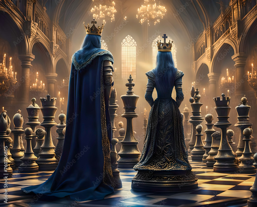 King and queen of the chessboard holding court. Edited AI generated image King and queen of the chessboard holding court. Edited AI generated image