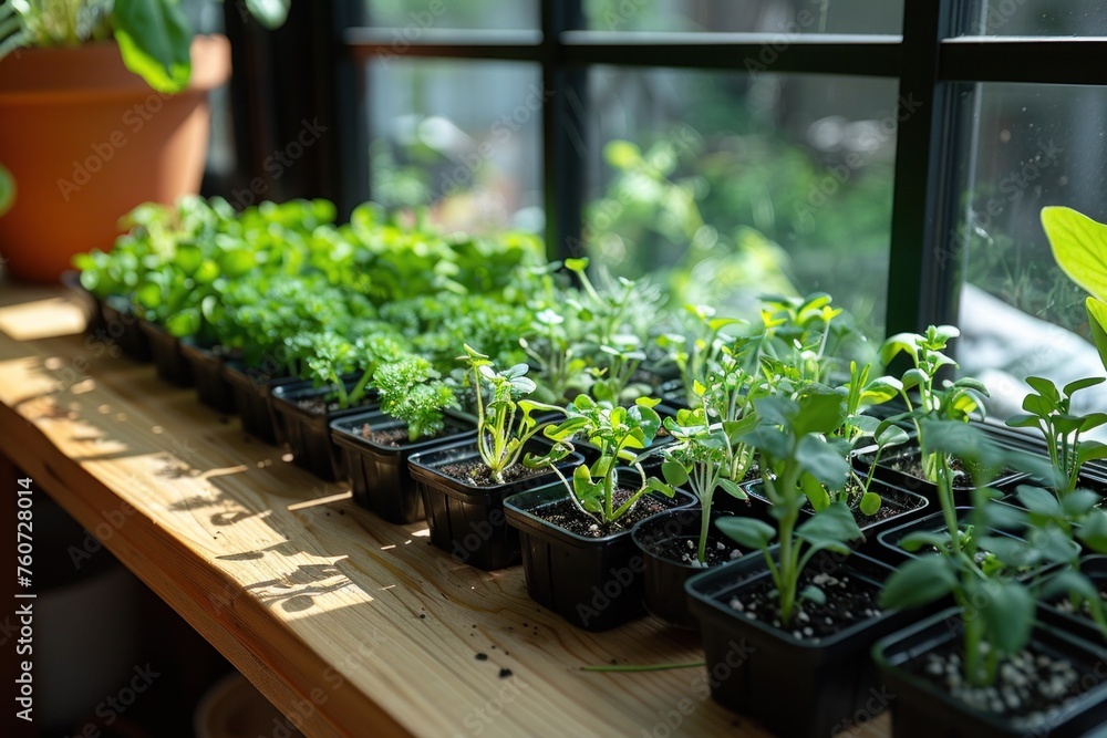 Thriving seedlings in small black trays on a wooden windowsill, basking in the natural sunlight. Thriving seedlings in small black trays on a wooden windowsill, basking in the natural sunlight.