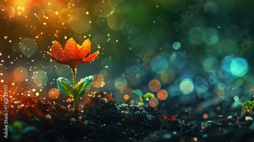 Illustrate the enchanting process of a seed evolving into a vivid burst of colors