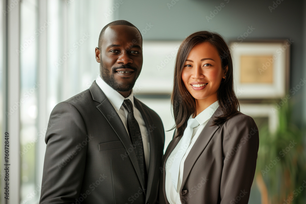 Smiling business man and woman of different races indoors Smiling business man and woman of different races indoors
