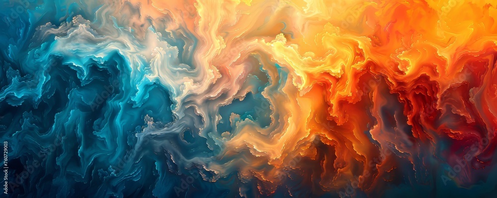 Abstract swirling colors of orange and blue. Digital art fluid texture. Dynamic movement concept for design and wallpaper...