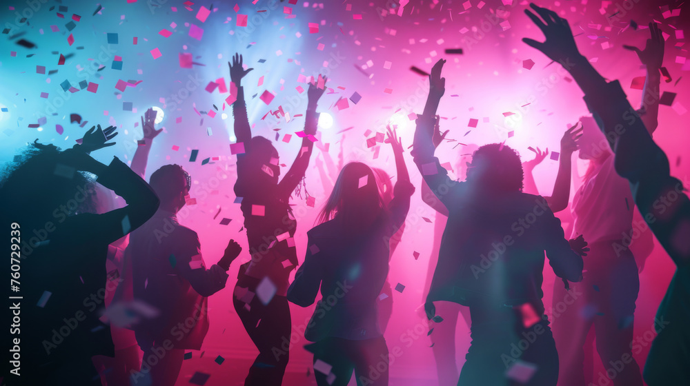 Silhouetted figures dance amidst confetti and colorful lights.
